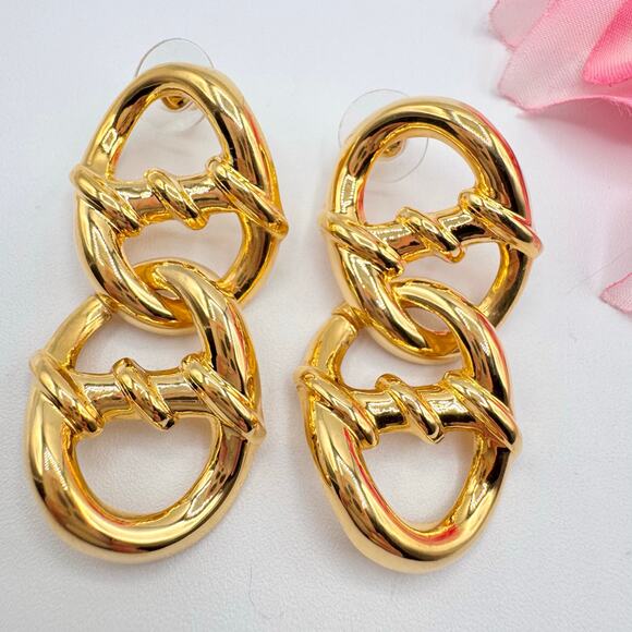 Vintage Big Chunky Chain Link Earrings 80s 90s Preppy Chic Runway Statement - Picture 2 of 9